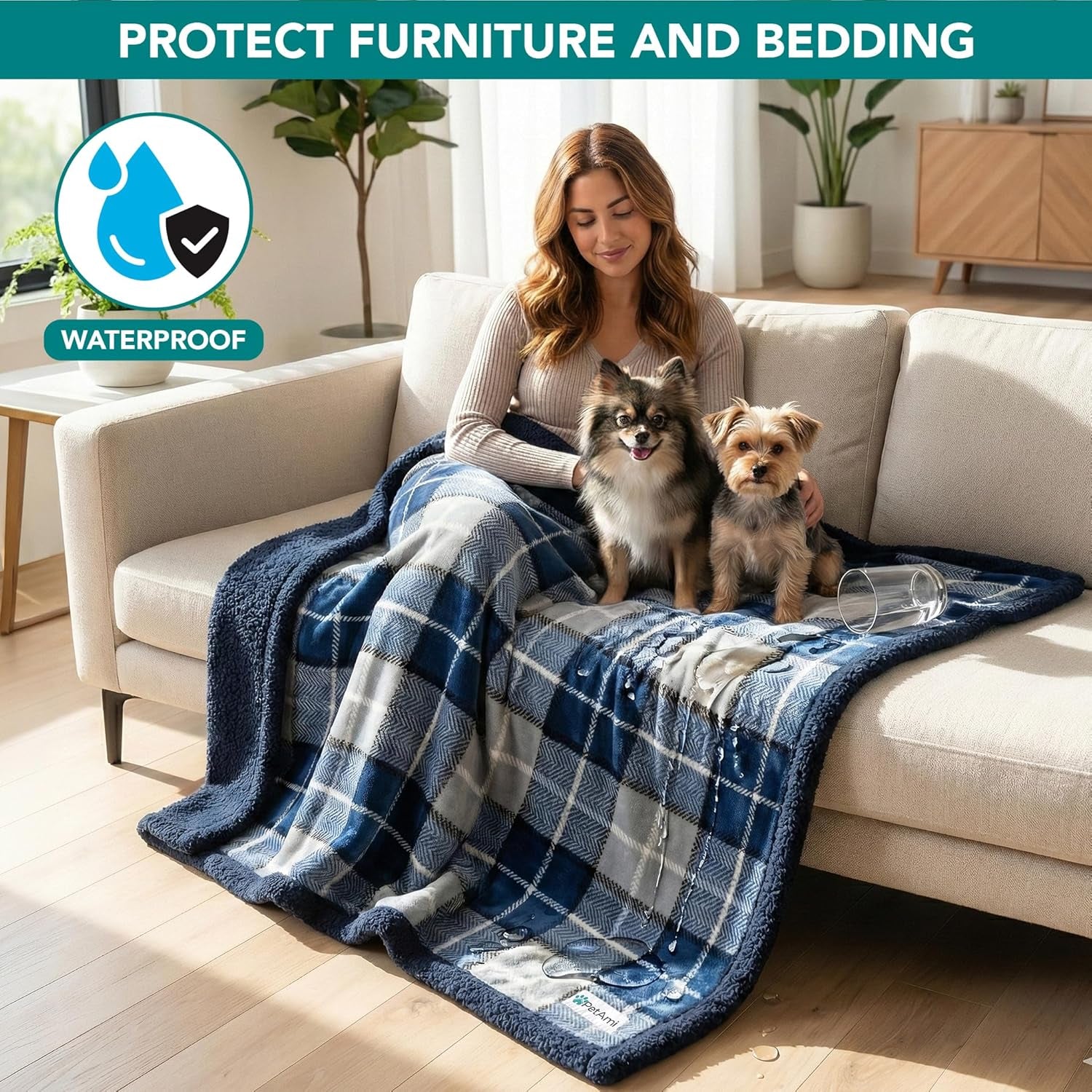 Waterproof Dog Blanket for Small Medium Dog Puppy Cat Throw for Couch Cover Leakproof Protection, Sherpa Fleece, Reversible Soft Washable 29X40 Plaid Navy Blue